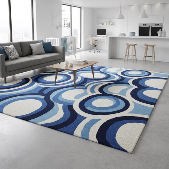 Modern Blue Wave Abstract Rug – Hand-Tufted Wool Geometric Circles Carpet for Living Room,Bedroom Contemporary Ocean-Inspired Decor 6x9