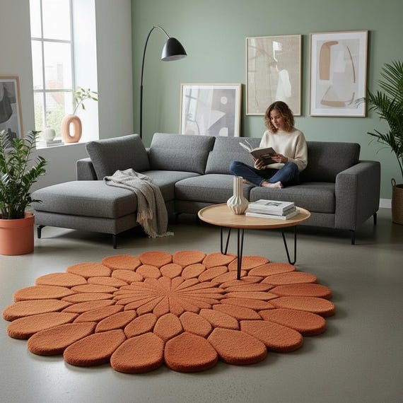 Terracotta Petal Hand-tufted Wool Round Rug – 3D Sculpted Flower Design, Modern Boho Living Room Carpet, Handmade Textured Accent Rug 5x5