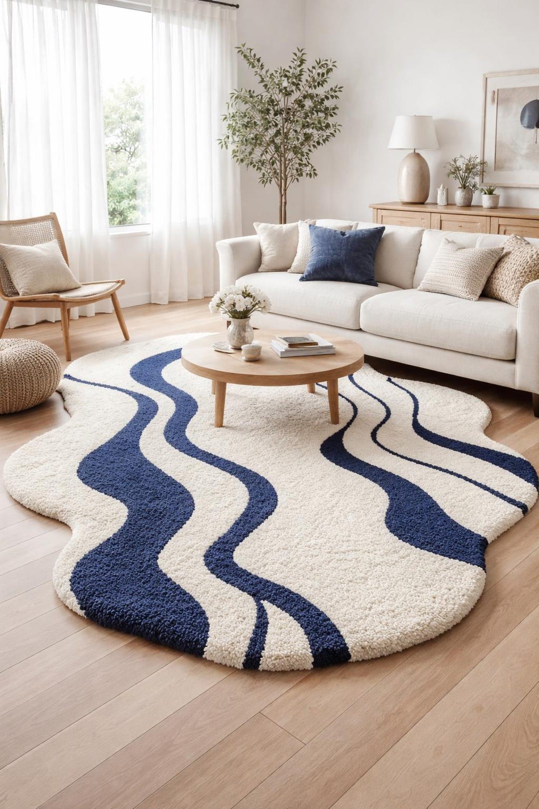 Japandi Wave Irregular Rug in Ivory & Navy Blue – Hand Tufted Wool 5x7 ...