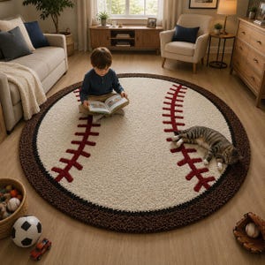Puede incluir: Una alfombra circular grande dise&ntilde;ada para parecer una pelota de b&eacute;isbol, con un centro de color crema, detalles de costuras rojas y un borde marr&oacute;n oscuro. La alfombra tiene una superficie texturizada y afelpada sobre un suelo de madera.