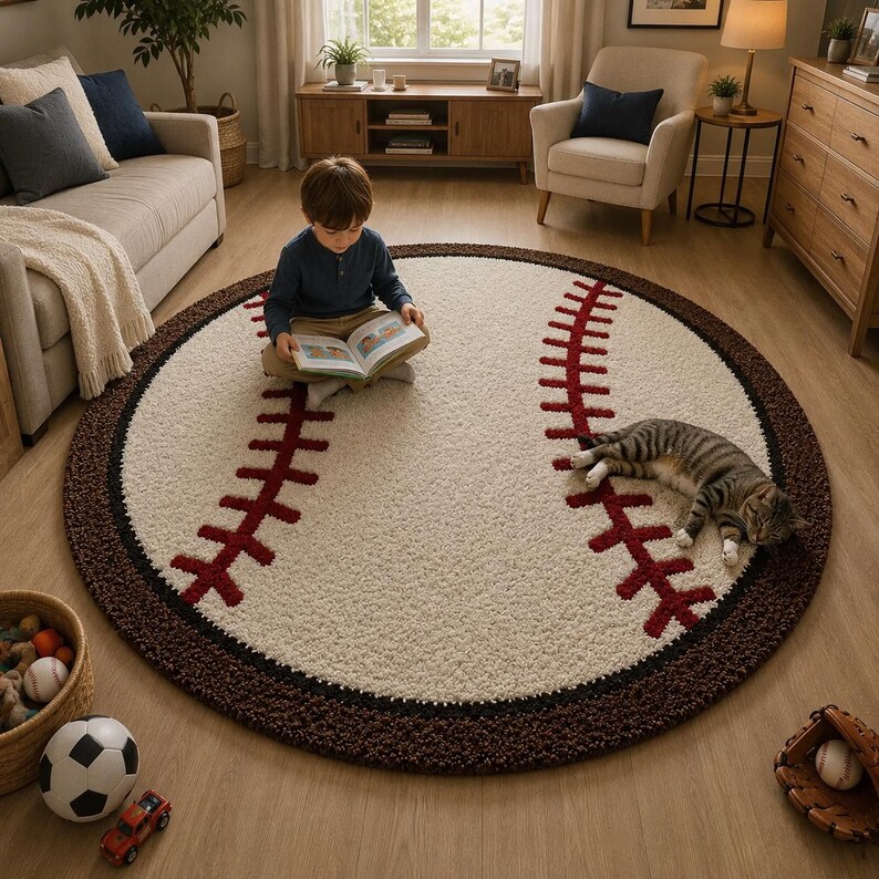 Puede incluir: Una alfombra circular grande dise&ntilde;ada para parecer una pelota de b&eacute;isbol, con un centro de color crema, detalles de costuras rojas y un borde marr&oacute;n oscuro. La alfombra tiene una superficie texturizada y afelpada sobre un suelo de madera.