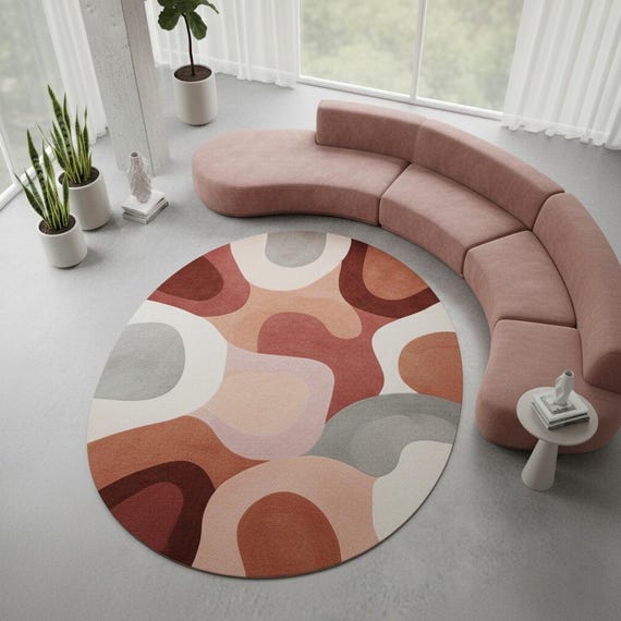 Modern Abstract Hand-tufted Wool Round Rug ,retro Geometric Pattern in Warm Earth Tones Living Room or Bedroom 7x7 Nursery Rug |