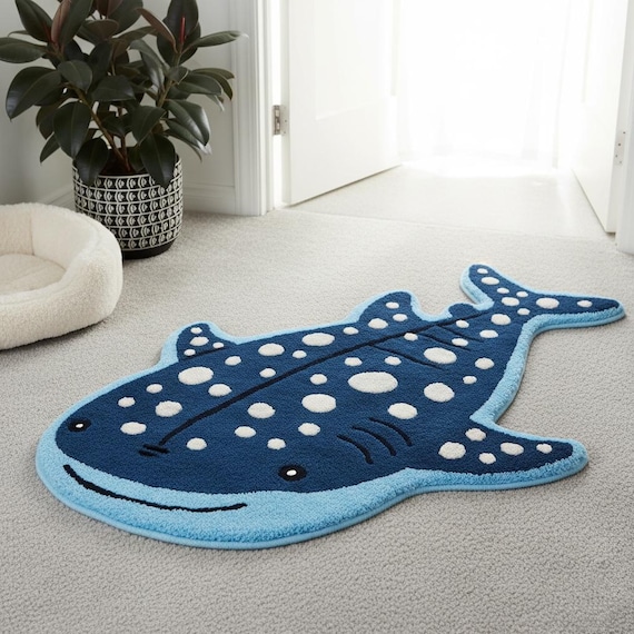 Kids' Whale Shark Shaped Hand-Tufted Wool Rug | Kids Room Decor, Deep Sea Creatures Area Rug, Playroom Carpet ,Nursery Rug..4x7