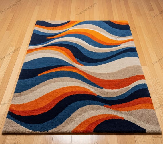 Hand-Tufted Navy Blue, Orange & Beige |Modern Abstract Wavy Area Rug | Rectangular Statement Piece | Living Room or Bedroom