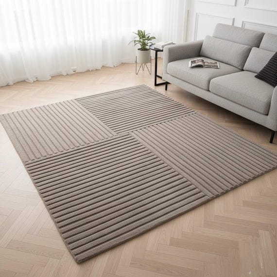 8x10 Ribbed Texture Area Hand-Tufted Wool Rug | Neutral Taupe Modern Carpet |  Living Room Decor