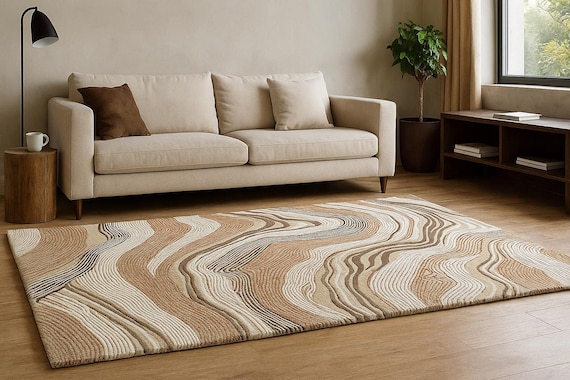 Hand-Tufted Wool Rug – Abstract Brown & Beige Wave Pattern – Contemporary Living Room Carpet@Shaanacarpets|