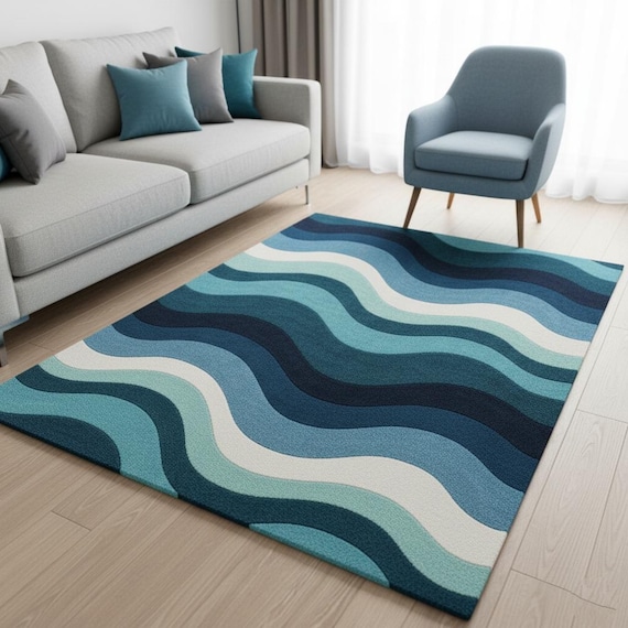 Modern Wave Pattern Handmade Wool Rug – Blue Teal Ocean Inspired Area Carpet, Contemporary Abstract Living Room Decor 6x9 | Shaanacarpets