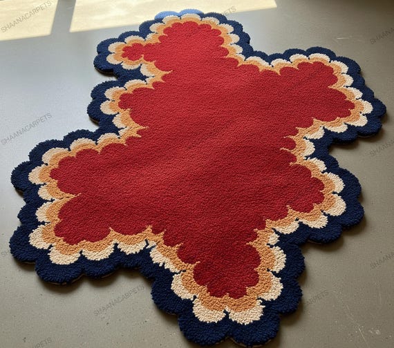 Hand-Tufted Wool Irregular Rug with Scalloped Edges – Red, Navy & Beige Modern Statement Carpet 4x6