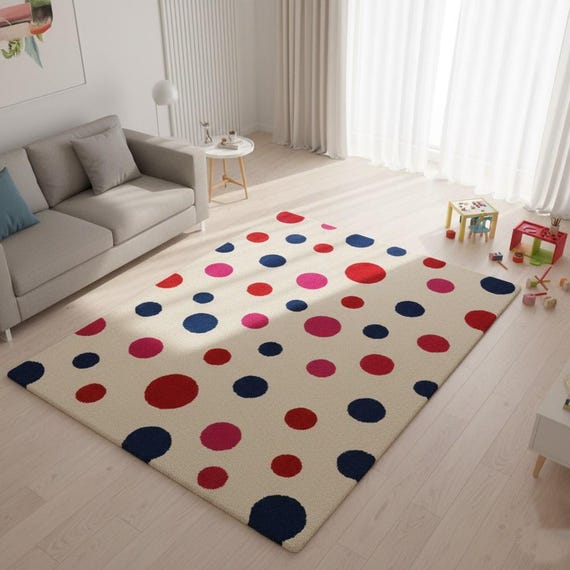 Whimsical Pink, Red & Blue Polka Dot 5x7 Hand-tufted Wool Rug | Bold and Bright Circles Design for Contemporary Nursery Decor 4x6.5x8.6x9