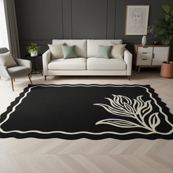 Modern Black & White Floral Border Hand-tufted Wool 5x8 Rug – Contemporary Wavy Edge Carpet for Living Room, Minimalist Botanical Area Rug