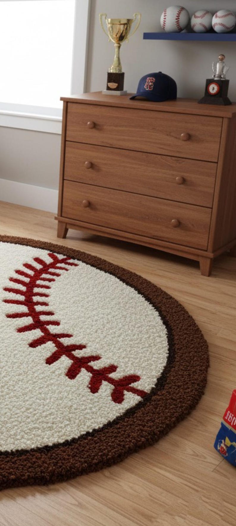 Puede incluir: Una alfombra redonda con dise&ntilde;o de b&eacute;isbol, centro color crema, costuras rojas y un borde marr&oacute;n grueso. La alfombra tiene una superficie texturizada de pelo largo y est&aacute; colocada sobre un suelo de madera clara en una habitaci&oacute;n.