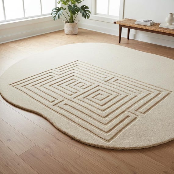 Beige Color High Low Pile Rug | Solid Labyrinth Pattern Rug | Custom Tufted Wool Carpet For living room,bedroom,nursery rug 5x7