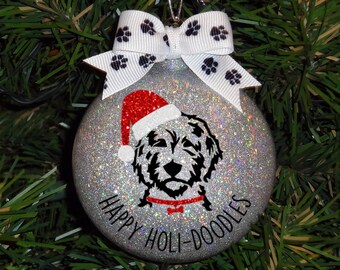 Custom Doodle Dog Sparkle Glass Christmas Ornament