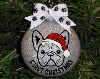 Custom, French Bulldog First Christmas, Hand-Glittered, Sparkle Glass Ornament