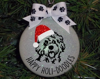 Hand-Glittered, Doodle Dog Sparkle Glass Christmas Ornament