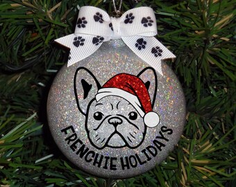 Custom French Bulldog Sparkle Glass Christmas Ornament