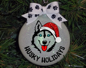 Custom Siberian Husky Sparkle Glass Christmas Ornament