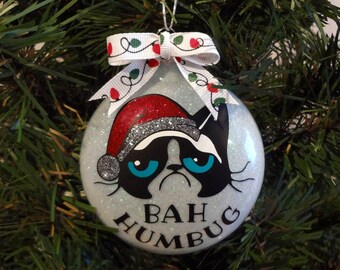 Grumpy Santa Cat Sparkle Christmas Ornament