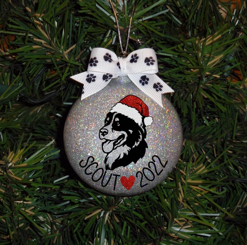 Personalized Bernese Mountain Dog Hand-Glittered Christmas Ornament Silver Iridescent