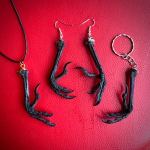 Real crow leg earrings necklace or keychain. hook stud or clip on gold or silver