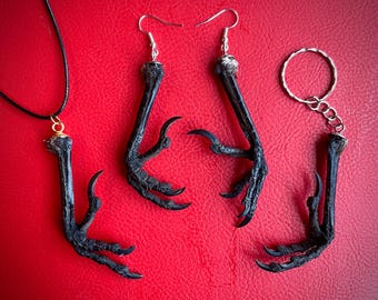 Real crow leg earrings necklace or keychain. hook stud or clip on gold or silver