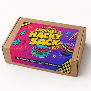 Learn to Crochet Hacky Sack Kit, 90s Retro DIY Craft Set, Beginner Crochet Gift, Hook and Yarn Included, Craft Kit for Adults and Teens