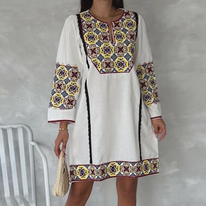Boho Embroidered Cotton Linen Dress – Handmade Vintage Style Comfortable Maxi Dress for Women