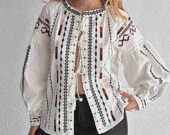 White Tassel Embroidered Cotton Jacket – Boho Vintage Style, Handmade Lightweight Outerwear for Women
