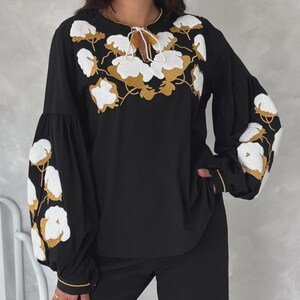 Embroidered Cotton Blouse – Boho Vintage Puff Sleeve Top with Tassels, Handmade Folk Shirt for Women