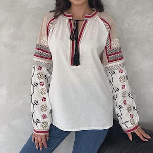 White Neck Tie Fully Embroidered Cotton Blouse for Women – Boho Peasant Top, Handmade Festival Shirt, Lightweight Summer Blouse