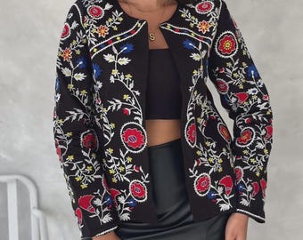 Women’s Black Embroidered Jacket – Handmade Boho Coat, Ethnic Style Outerwear