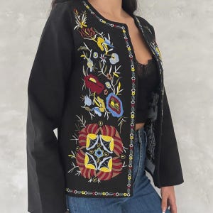 Black Embroidered Cotton Jacket – Handmade Vintage Style Boho Outerwear for Women, Folk Inspired Design