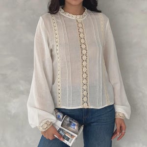 Ivory Lace Blouse for Women – High Neck Elegant Top with Lace Details, Romantic Vintage Style Shirt, Feminine Cottagecore Blouse