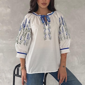 White Blue Leaf Embroidered Tie Front Cotton Blouse – Short Sleeve Boho Top for Women – Lightweight Summer Shirt