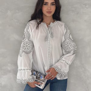 Embroidered Cotton Blouse for Women – Tie Neck Boho Peasant Top, Lightweight Vintage Style Shirt, Handmade Festival Clothing