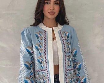 Embroidered Cotton Jacket for Women – Blue Boho Coat, Handmade Ethnic Style Outerwear