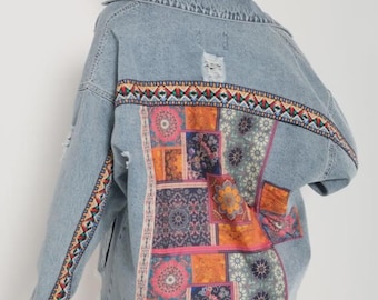 Women's Oversized Denim Jacket – 100% Cotton, Fringe Detail, Ethnic Pattern, Handmade Jean Coat Boho Oversized  Handmade Cotton Jean Coat