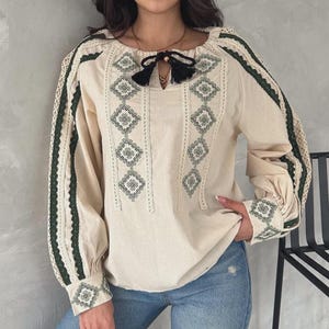 Beige Tassel Embroidered Cotton Blouse for Women – Boho Peasant Top, Handmade Festival Shirt, Lightweight Summer Blouse