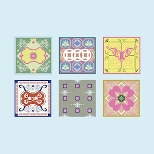 May include: Six square decorative tiles with various colorful patterns. Designs include floral, geometric, and bat motifs in shades of pink, green, yellow, blue, and red. The tiles are set against a light blue background.