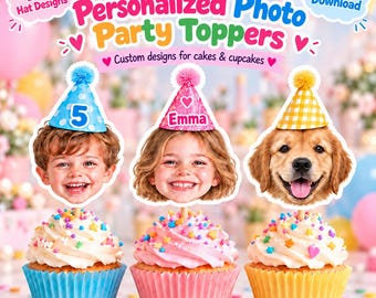 Custom Photo Cupcake Toppers & Cake Topper, 480 Hat Options, Digital Download