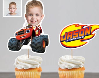 Personalized Blaze Photo Cake Topper (Digital Download) – Custom Name & Age, Birthday Party Decoration