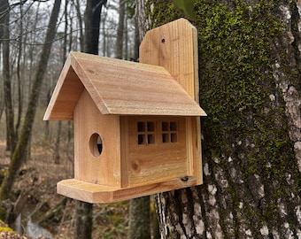Cedar Birdhouse with Carved Windows, Weather-Resistant Outdoor Nesting Box