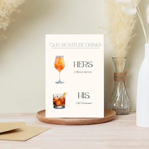 Signatur Drink Sign | Hochzeit Schild | Bar Menü Schild mit 2 Größenoptionen | Aperol Spritz und Old Fashioned Grafiken
