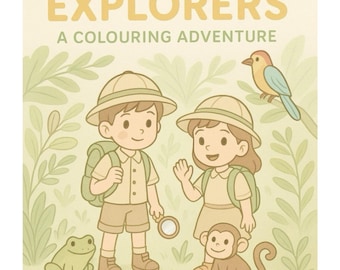 May include: A light beige illustration titled "Nature Explorers: A Colouring Adventure" features two children in safari outfits, a frog, a monkey, and a bird. The text "Printable PDF | Instant Download" is at the bottom.
