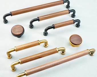 Simple Wood Handles Pull Knobs Walnut Wood Kitchen Door Handle Cabinet Door Black Handle Closet Round Knob Dresser Drawer Pulls Hardware