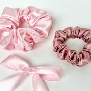 Set of 3 Pink Satin Hair Scrunchies and Bow, Elegant Satin Scrunchies and Ribbon Bow, Perfect Bridesmaids Gift and Hair Accessory Set