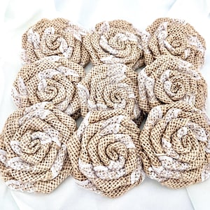 Handmade Burlap Flowers with Lace – Rustic Fabric Flowers for DIY Crafts, Burlap Wedding Decor, DIY Wedding Decor Supplies, Farmhouse Style