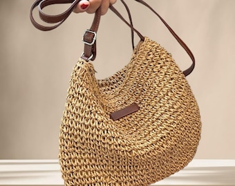 Borsa a tracolla in paglia intrecciata, borsa da spiaggia boho, borsa da viaggio leggera