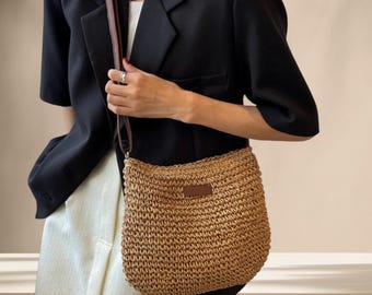 Borsa a tracolla in paglia intrecciata, borsa a tracolla da spiaggia, borsa a tracolla hobo, borsa da spiaggia di grande capacità, borsa casual con cerniera