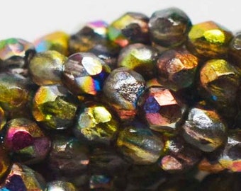 50, MAGIC OLIVE ETCHED, 4mm Czech,  Round Fire Polished, Glass Beads, (4sp50)